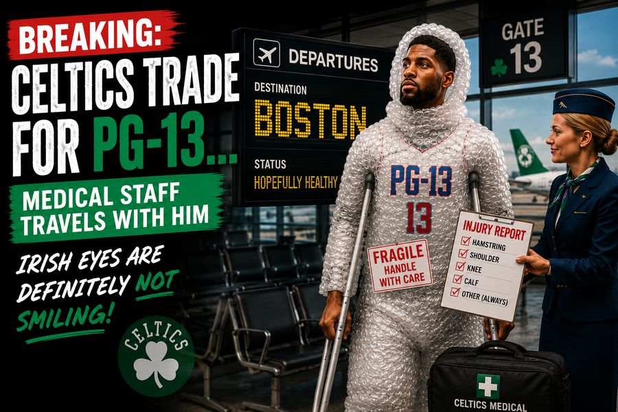 Paul George arriving in Boston wrapped in bubble wrap after Celtics trade satire
